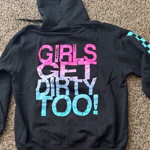 Off Road Vixens Girls Get Dirty Too! Black Hoodie with Pink-to-Blue Ombre Print